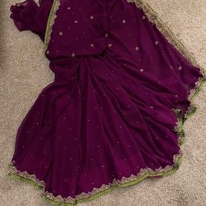 Deep purple georgette saree with embroidered border